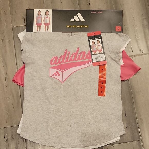 Adidas Kids Gray and Pink 3PC Short Set - Picture 1 of 3